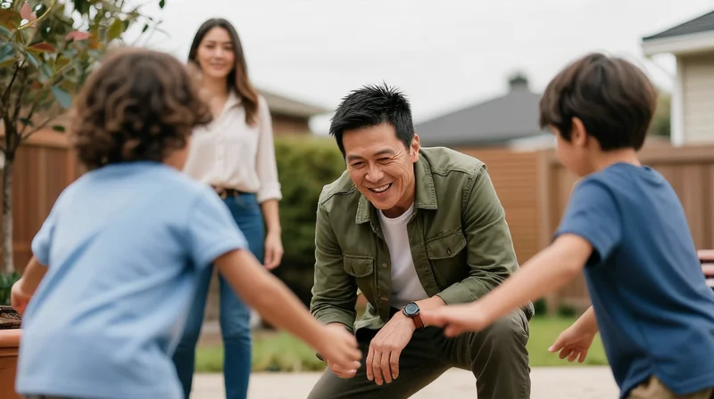 A man engaging warmly but casually with children at a backyard gathering, capturing the fun uncle dynamic central to advice for dating a single mom