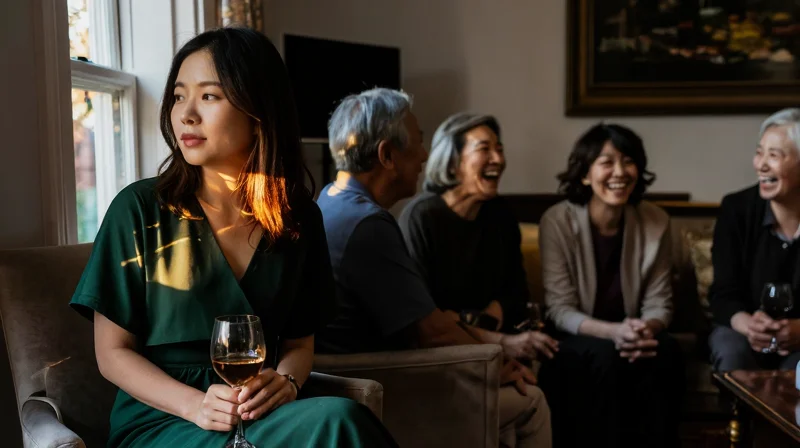 Young woman sitting quietly at the edge of an older social gathering, capturing the emotional loneliness theme in age gap dating advice