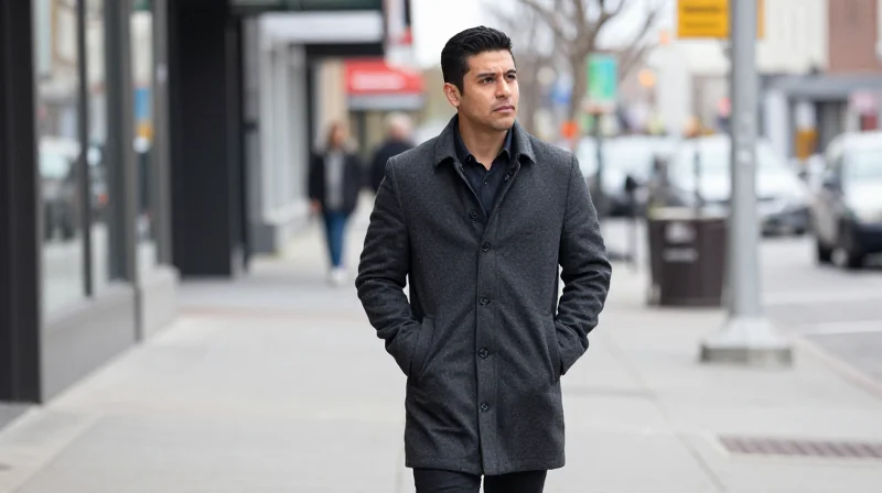 A man walks alone on a city sidewalk after the end of a casual relationship, expression unreadable but heavy