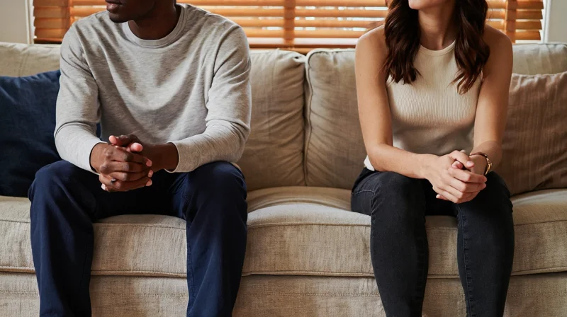 A couple sits on opposite ends of a couch with subtle physical distance that captures the unspoken asymmetry of a casual relationship
