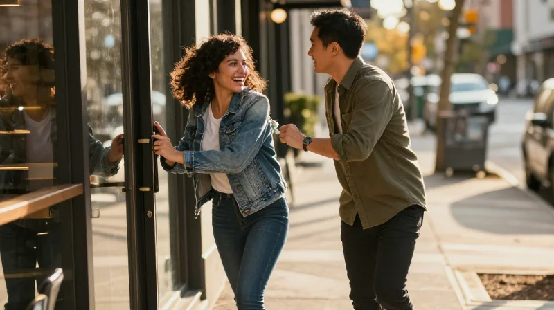 A couple transitioning from a coffee date to a walk outside, laughing as they push through the café door