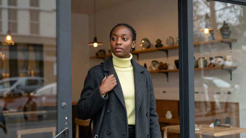 A woman arriving early for a coffee date, scanning the room and choosing a seat near an interesting wall