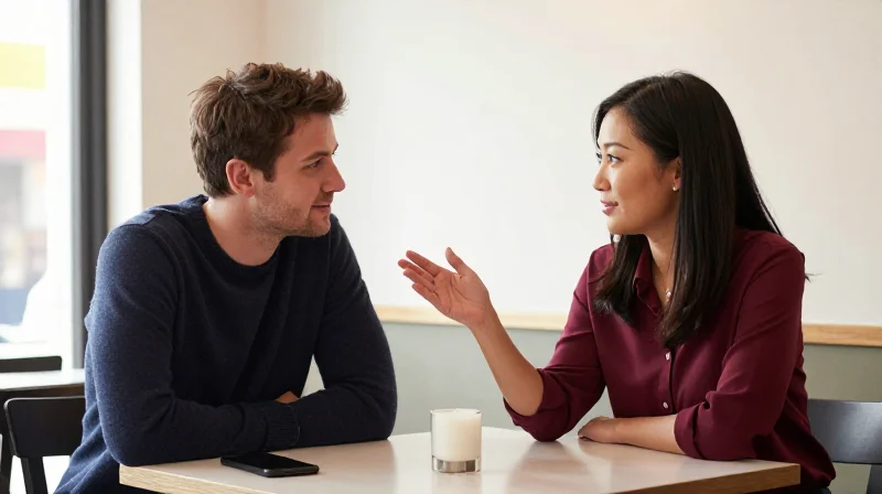 Two people at a small restaurant table fully engaged in conversation, phone face-down and ignored — illustrating dating advice about meeting in person instead of over text