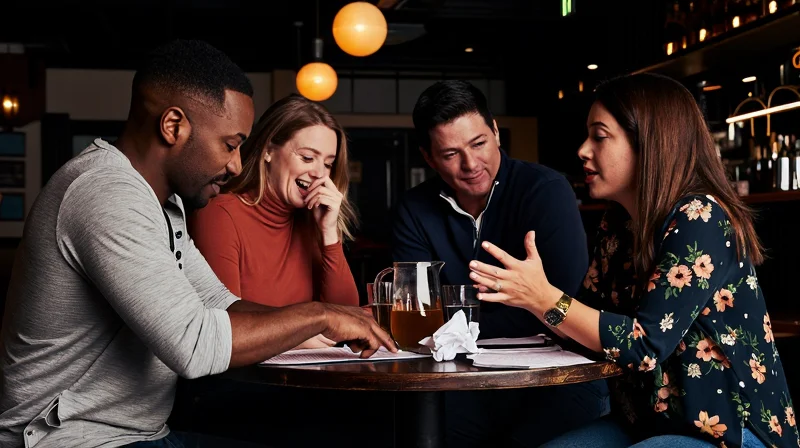 A mixed group of adults in their 30s laughing together at a bar trivia night, a recurring social setting for dating in your 30s
