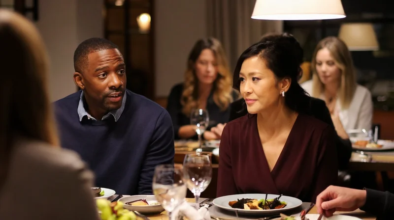 Two people in their 40s meeting through friends at a dinner, illustrating social dating in your 40s