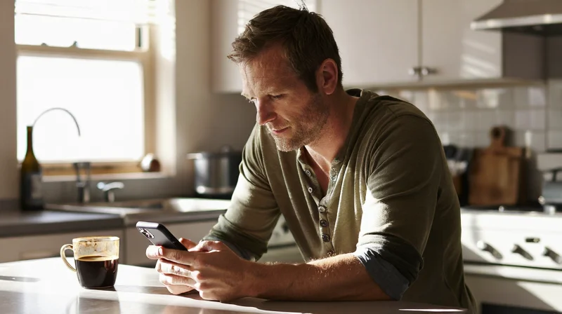 Man in his 40s thoughtfully reviewing a dating app profile, showing deliberate app use while dating in your 40s