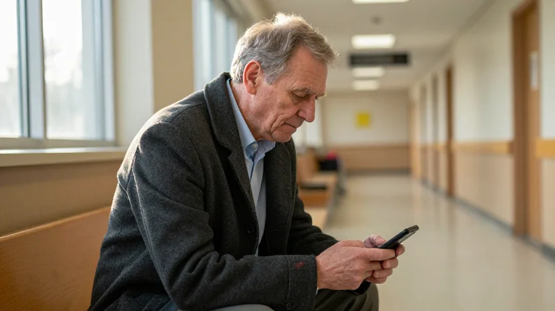 An older man in his 60s sitting alone looking at his phone with a guarded expression, reflecting the emotional complexity of dating in your 60s