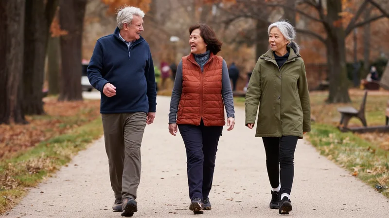 A small group of adults in their 60s walking together outdoors, illustrating activity-based dating in your 60s