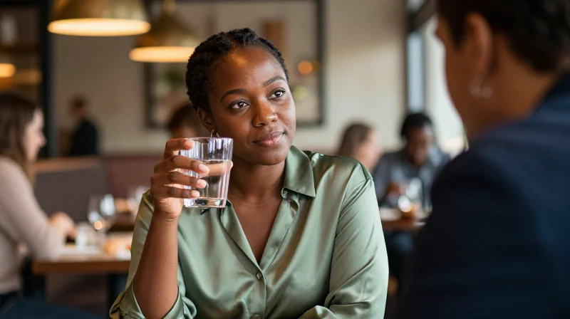 A woman listening critically on a first date, using dating tips for women about screening rather than performing