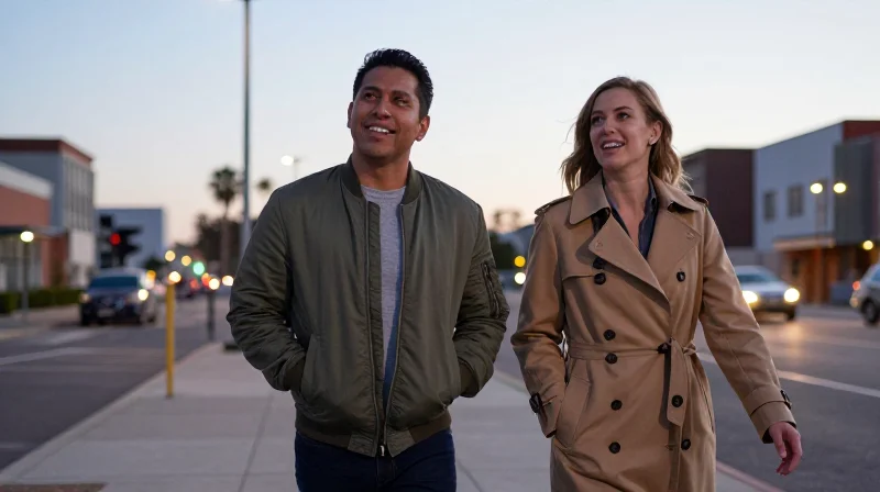 A couple walking side by side on a first date, relaxed and in easy conversation outdoors