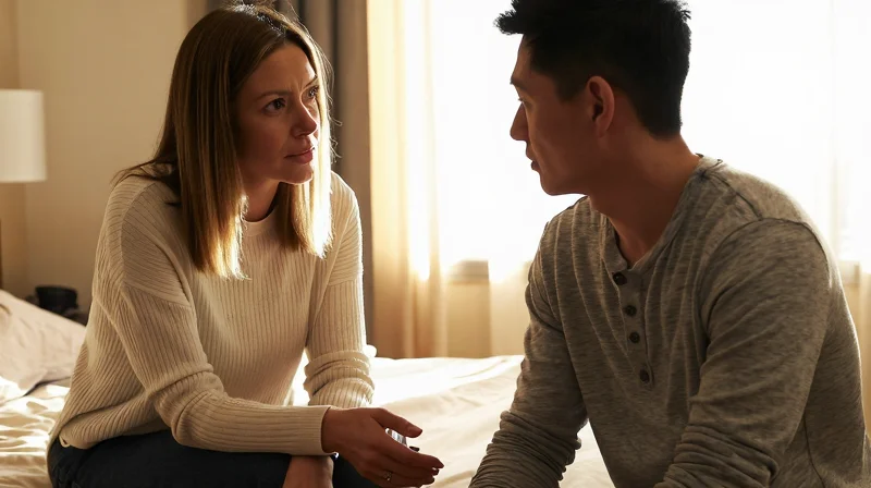 An older woman and younger man sharing a vulnerable moment together, reflecting the emotional honesty in age-gap relationships